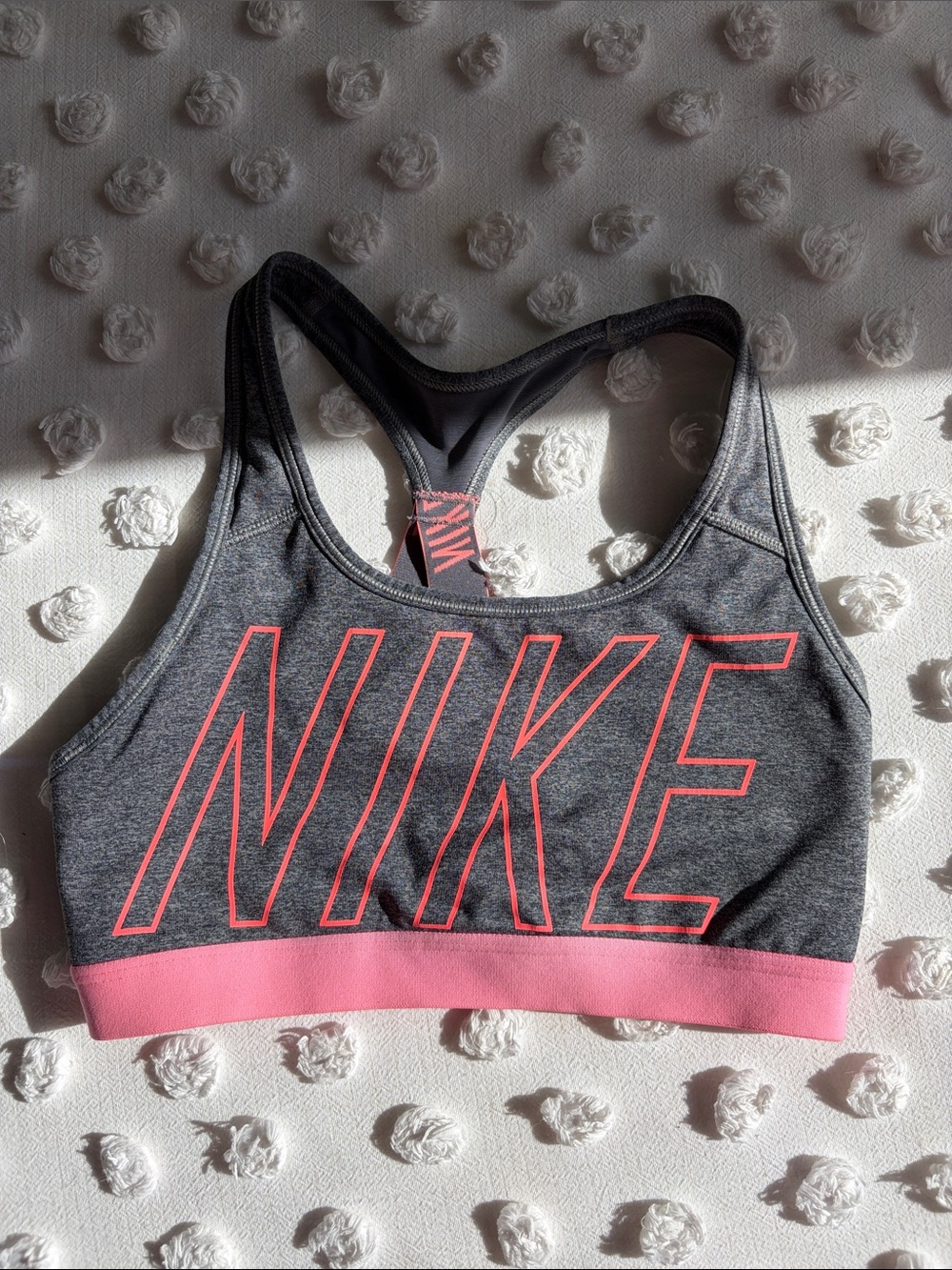 Nike Gray Sports Bra with Pink Logo & Band